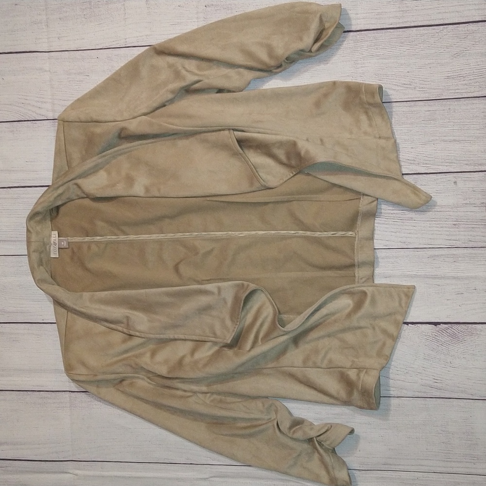 roz & ali tan suede open blazer jacket scrunched sleeves size medium